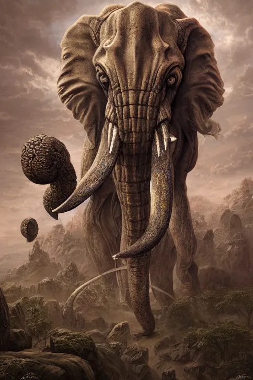 Image similar to ancient psychic tandem war elephant, concept art, by ernst haeckel, artgerm, greg rutkowski, h. r. giger and zdislaw beksinski, octane render, trending on artstation