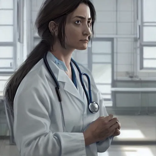 Image similar to a female doctor in scrubs, looking tired, in the middle of lots of sick people in beds, hospital hall, by greg rutkowski, trending on artstation