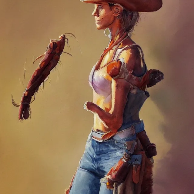 Image similar to a oil / watercolor painting full body character portrait of a cloned cowgirl in the style of moebius in the style of leonard boyarsky trending on artstation deviantart pinterest detailed realistic hd 8 k high resolution