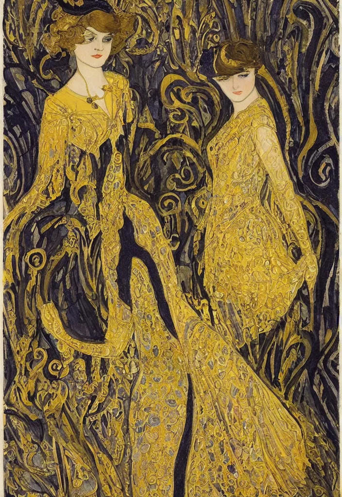 Image similar to a young woman looks deeply into the viewer, 1920's london street, art nouveau, extravagant fashion, intricate yellow dress with gold trims, lacey, dark streets, grungy, style of and Gustav Klimpt, color painterly