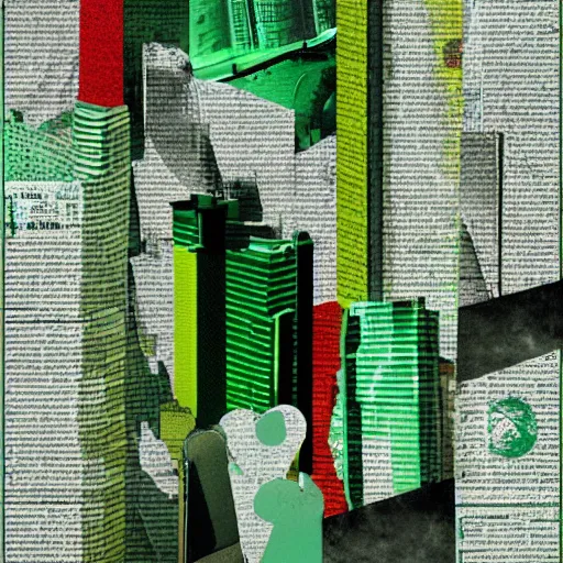 Prompt: collage style Joseba Elorza, newspaper texture buildings, papercut, pop-art, background green color