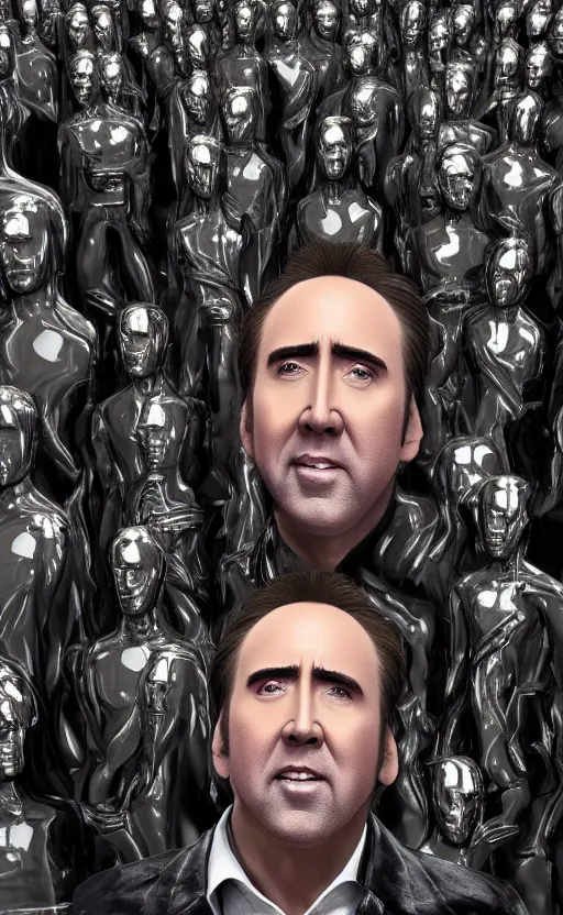 Image similar to nicolas cage surrounded by Oscar statues. Smiling face. Cinematic, hyper realism, realistic proportions, volumetric lighting, high detail 4k.