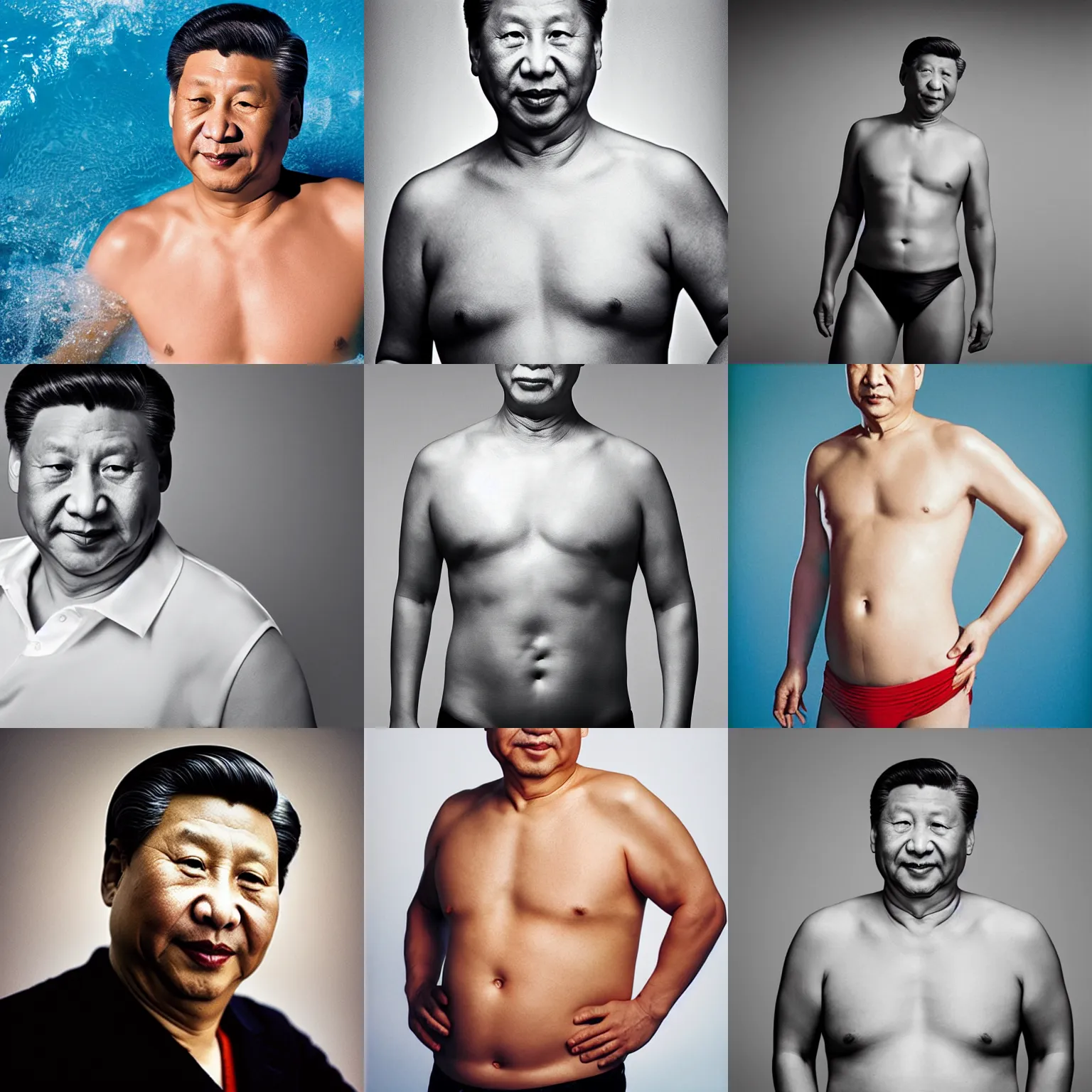 Prompt: Photo of Xi Jinping in swimsuit, soft studio lighting, photo taken by Martin Schoeller for Abercrombie and Fitch, award-winning photo, 24mm f/1.4