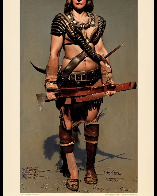 Image similar to front view portrait of a savage muscular barbarian female with leather armor, by norman rockwell