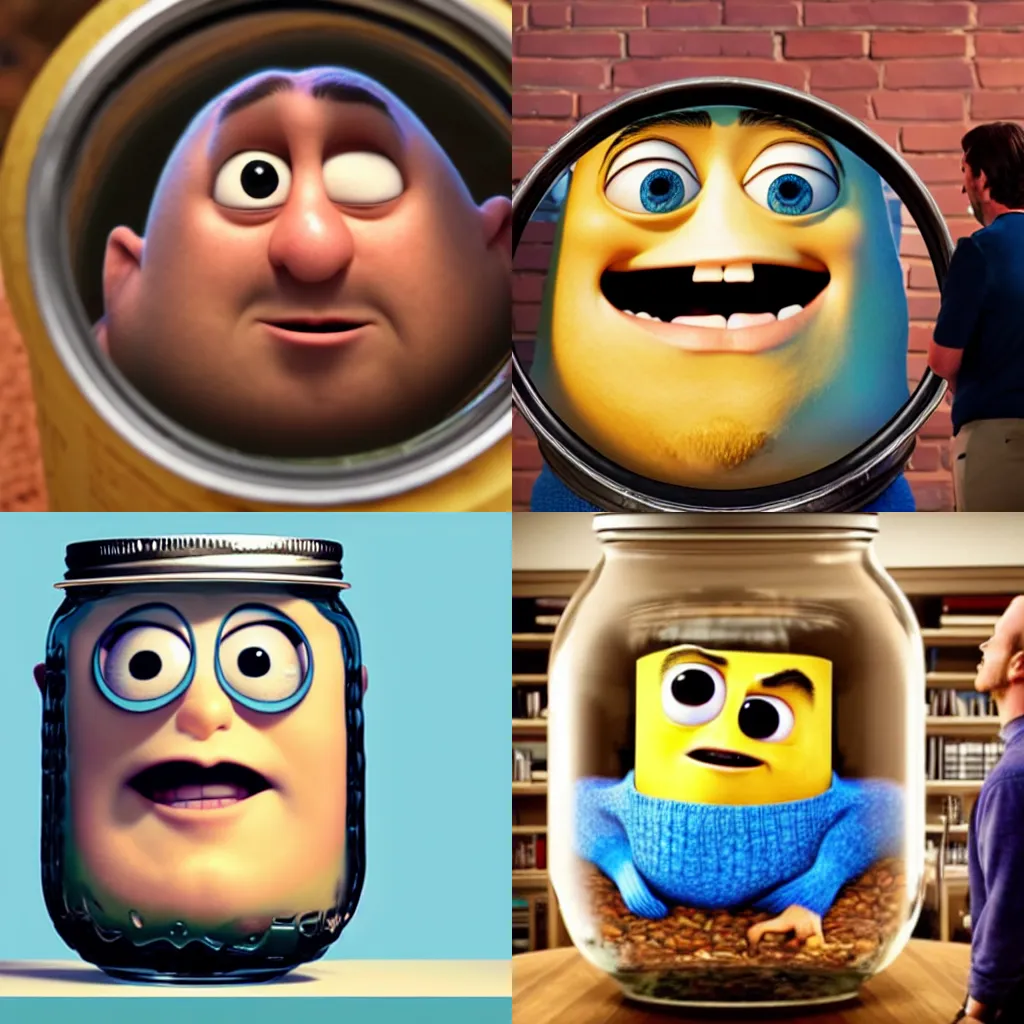 Prompt: A giant\'s face peers at a man standing inside of a mason jar, Pixar.