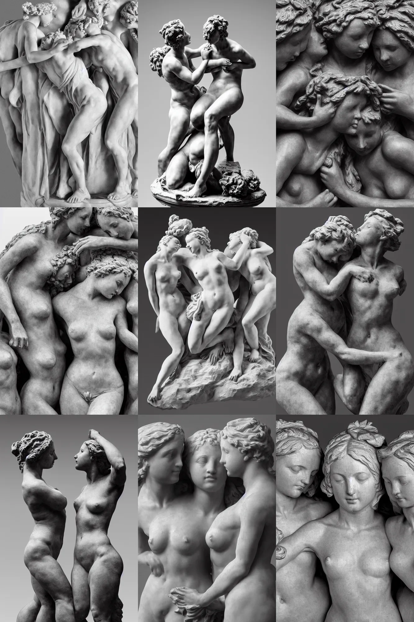 Prompt: black and white photo of Jean Baptiste Carpeaux sculpture of multiples female figures kissing . Full body shot; hyper realism dramatic lighting, high detail 4K