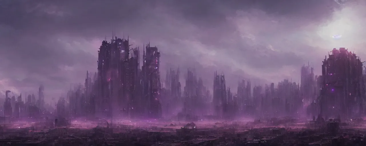 Image similar to giant megacity looming across the landscape, dystopian, post apocalyptic, the sky is purple, very detailed concept art, matte painting, digital art, concept art, realistic beautiful, trending on artstation, greg rutkowski