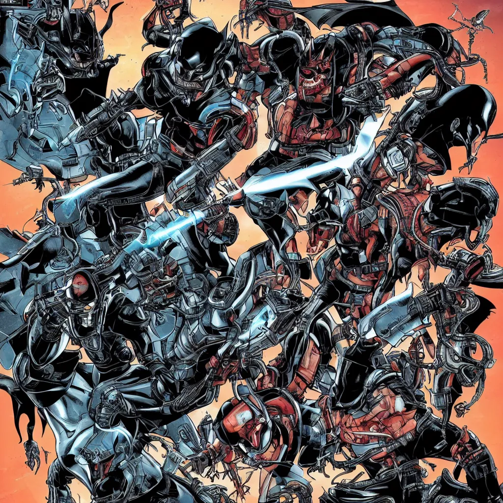 Image similar to back to the future 4 with batman, predator and xenomorphs,