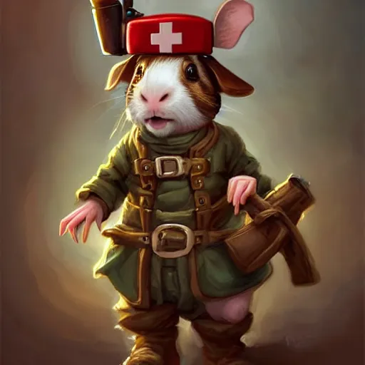 Image similar to cute little anthropomorphic Guinea Pig Field Medic, tiny, small, short, Modern Field medic with red cross, cute and adorable, pretty, beautiful, DnD character art portrait, matte fantasy painting, DeviantArt Artstation, by Jason Felix by Steve Argyle by Tyler Jacobson by Peter Mohrbacher, cinema