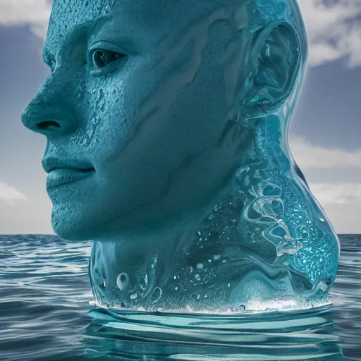 Image similar to a giant sculpture of water in the shape of a human head, on the ocean water, cinematic, in the style of johnson tsang, long shot, hyper detailed, hyper realistic, ray tracing, 8 k resolution, sharp focus, realistic water, award winning