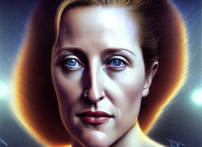 Image similar to portrait shot of young gillian anderson in x - files, intricate, elegant, highly detailed, centered, digital painting, artstation, concept art, smooth, sharp focus, illustration, artgerm, tomasz alen kopera, peter mohrbacher, donato giancola, joseph christian leyendecker, wlop, boris vallejo