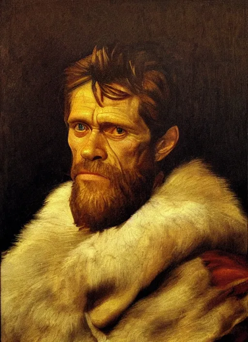Prompt: flattering regal painting of willem dafoe with short beard, renaissance oil painting, studious chiaroscuro