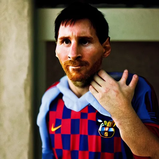 Image similar to closeup portrait of Lionel Messi dressed as toad, Nintendo, by Steve McCurry and David Lazar, natural light, detailed face, CANON Eos C300, ƒ1.8, 35mm, 8K, medium-format print