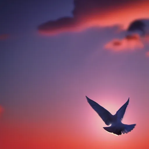 Prompt: Close-up realistic shot of a radiant white dove flying over the clouds at sunset, ethereal, vintage photograph, film grain, surreal, awe-inspiring, highly detailed, blue and orange color scheme