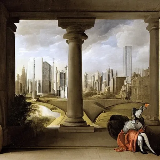 Image similar to by pieter claesz gouache tired. conceptual art. a cityscape in which tall, imposing buildings loom over a small city park. the scene is suffused with a eerie, light, & the overall effect is one of foreboding & menace.