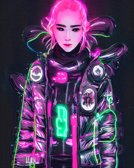 Image similar to detailed portrait Neon Operator Girl, cyberpunk futuristic neon, reflective puffer jacket, black leggings, decorated with traditional Japanese ornaments by Ismail inceoglu dragan bibin hans thoma !dream detailed portrait Neon Operator Girl, cyberpunk futuristic neon, reflective puffy coat, decorated with traditional Japanese ornaments by Ismail inceoglu dragan bibin hans thoma greg rutkowski Alexandros Pyromallis Nekro Rene Maritte Illustrated, Perfect face, fine details, realistic shaded, fine-face, pretty face