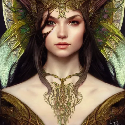 Image similar to a oil painting of a elven queen, cute, fantasy, intricate, elegant, highly detailed, centered, digital painting, artstation, concept art, smooth, sharp focus, illustration, art by artgerm and H R Giger and alphonse mucha