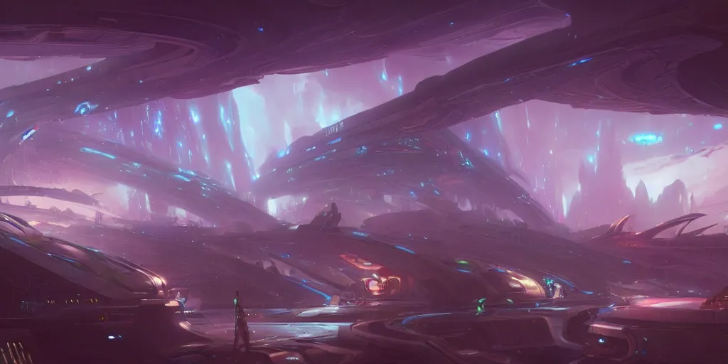 Image similar to alien futuristic space station, concept art by pete mohrbacher and artgerm and wlop and greg rutkowski, digital art, highly detailed, intricate, sci-fi, neon colors, sharp focus, Trending on Artstation HQ, deviantart, unreal engine 5, 4K UHD image