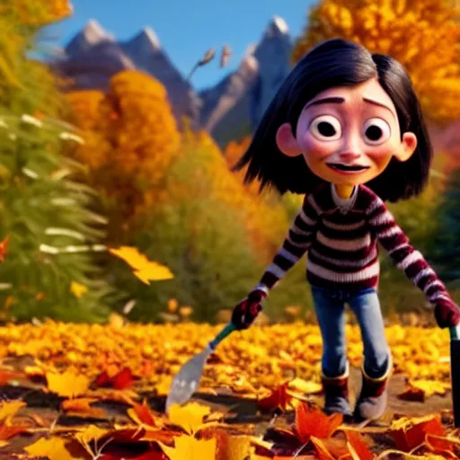 Image similar to a stopmotion animation character, a beautiful canadian woman, gardening, very attractive, messy dark grey hair, striped sweater, tight denim jeans, maroon doc marten boots, canadian maple leaves blowing about, mountains, autumn, unreal engine 5, 8 k, kubo and the two strings, disney, pixar,