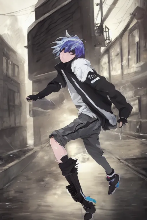 Image similar to anime teen boy with messy white hair wearing a hoodie running from police pursuit in an alleyway, concept art, wlop, digital painting, trending on artstation, highly detailed, epic composition, official media, 8 k uhd