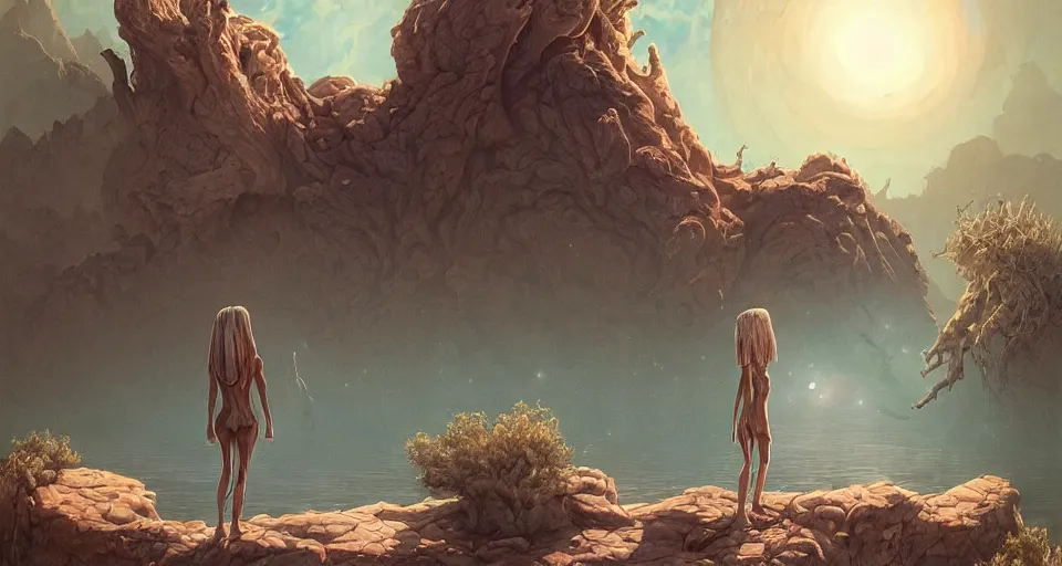 Image similar to a beautiful desert oasis!!!! with crystal clear water with an astronomically large humanoid!!!! monster!!!! in the sky, by junji ito and peter mohrbacher, extremely detailed shading, concept art, digital painting, trending on artstation, unreal engine 5, octane render, atmosphere, glow, cinematic lighting, full of color