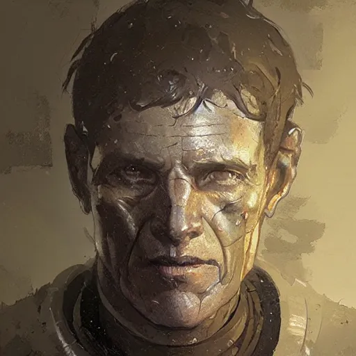 Image similar to a neolithic priest, male, cybernetically enhanced, sci fi character portrait by greg rutkowski, craig mullins