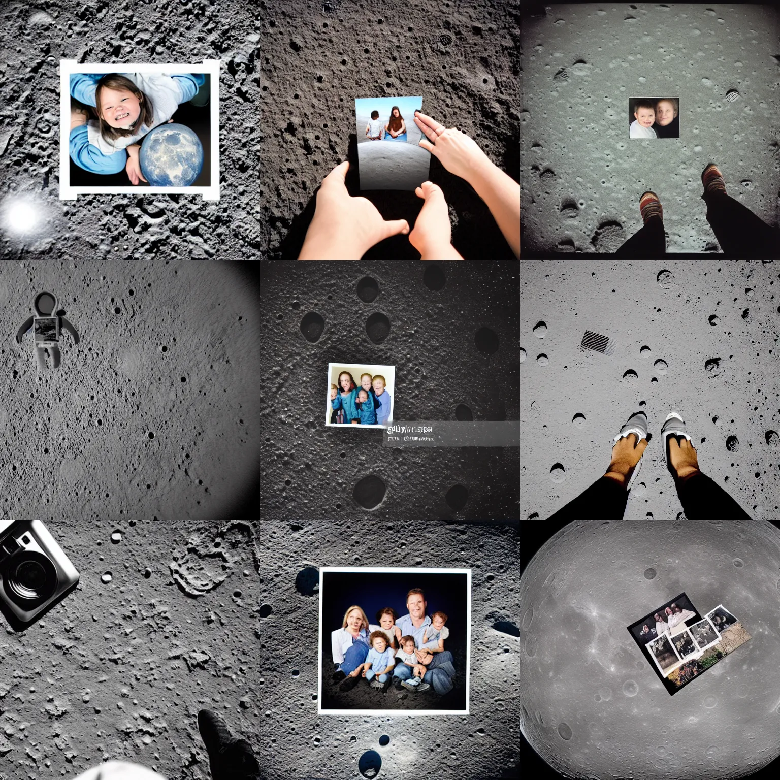 Prompt: a closeup view from above of a family polaroid photo lying on the moon floor. hyper realistic, hyper detailed, sharp focus