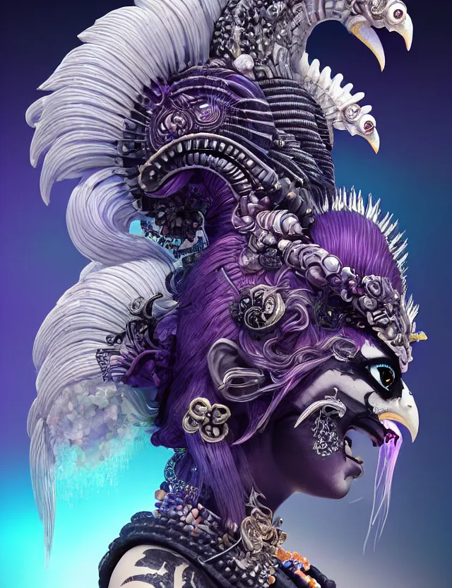 Image similar to 3 d goddess close - up profile portrait punk with mohawk with ram skull. beautiful intricately detailed japanese crow kitsune mask and clasical japanese kimono. betta fish, jellyfish phoenix, bio luminescent, plasma, ice, water, wind, creature, artwork by tooth wu and wlop and beeple and greg rutkowski