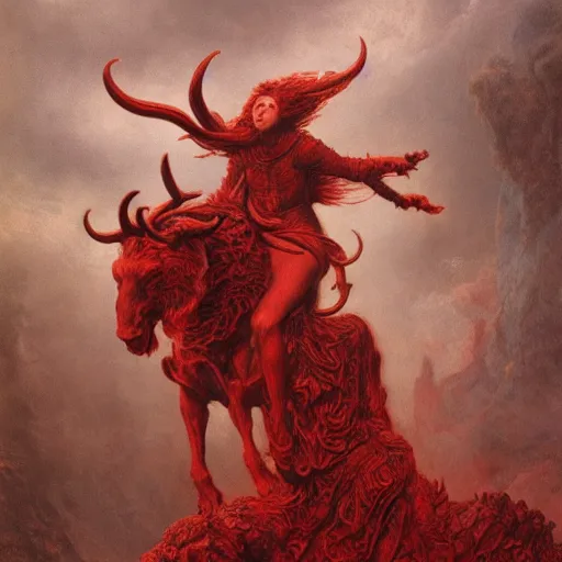 Image similar to a masterpiece! photographic portrait of a scarlet - colored beast with seven ( 7 ) heads and ten ( 1 0 ) horns by gustave dore and stephen hickman and allen williams, trending on artstation, cgsociety, 8 k hd, earthtone colors, a cloaked woman riding the back of the beast