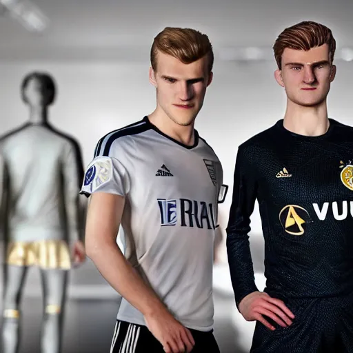 Image similar to a realistic detailed photo of a guy who is an attractive humanoid who is half robot and half humanoid, who is a male android, soccer players martin ødegaard & timo werner, shiny skin, posing like a statue, blank stare, in a lab, on display, showing off his muscles, gold soccer shorts, no jersey, statue, many copies of them