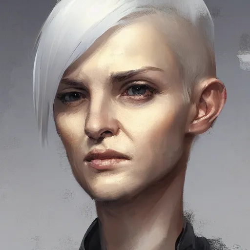 Prompt: portrait of a woman by greg rutkowski, she is about 4 0 years old, petite and strong, white bob hair, apathetic attitude, she is wearing a futuristic police gear, highly detailed portrait, digital painting, artstation, concept art, smooth, sharp foccus ilustration, artstation hq