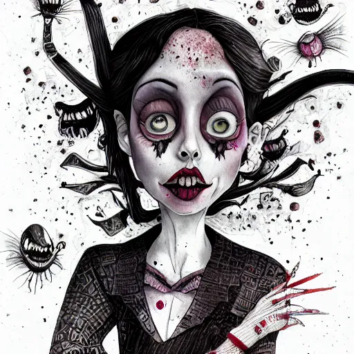 Image similar to a rotten smug exclusivists, female, black ink line art and watercolor, intricate, digital painting, concept art, smooth, focus, rim light style tim burton