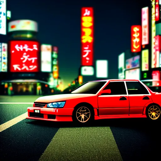 Image similar to a car driving JZX100 in middle of road, shibuya prefecture, city sunset, cinematic color, photorealistic, highly detailed, bokeh, DOF, octane render