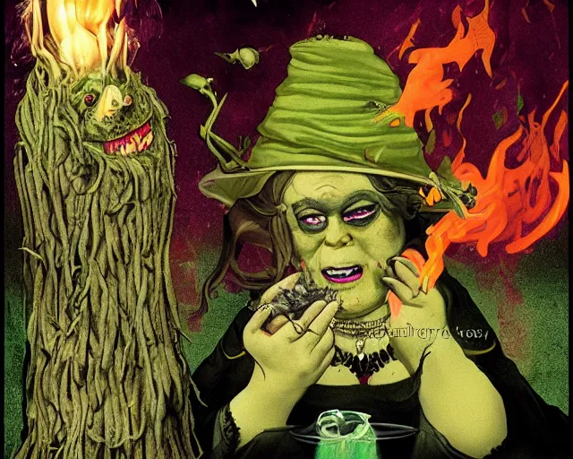 Image similar to fat smelly putrid witch smokin bong. the goblin witch is rotting. the witch burns in sunlight.!dream fat smelly putrid witch smokin bong. the goblin witch is rotting. the witch burns in sunlight.