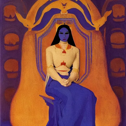 Image similar to an illustration of a queen on a throne at night by nicholas roerich, by johann heinrich fussli, by georgia o keeffe, realistic, detailed, oil painting