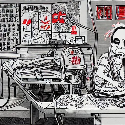 Image similar to surgery operating table, in the style of daniel johnston and outsider art, 8 k, line brush, overlaid with chinese adverts