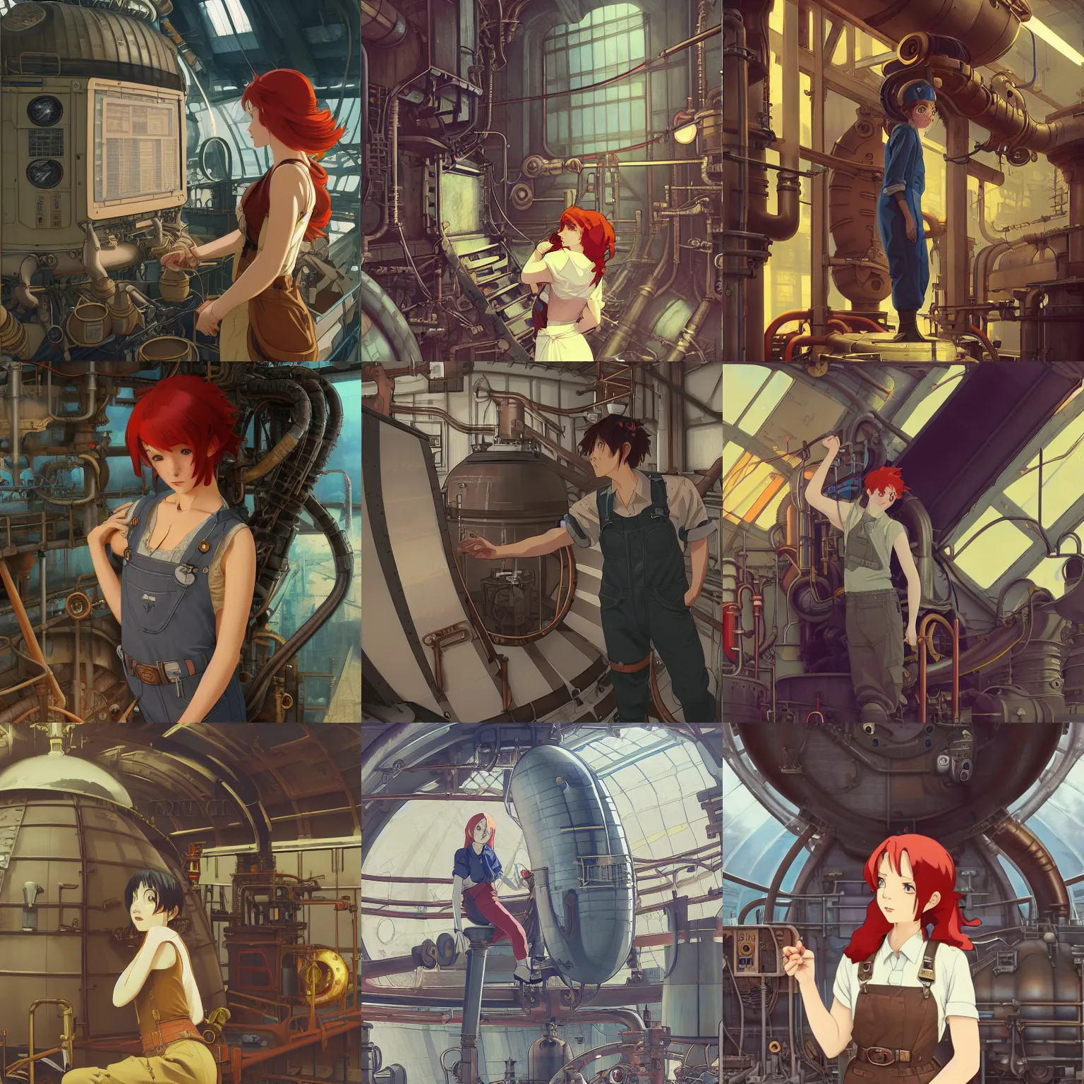 Prompt: an airship engineer working in the boiler room, red hair, tank top, overalls, steampunk, film still, finely detailed features, baroque, digital painting, studio ghibli, tankobon, painted by ilya kuvshinov and makoto shinkai and greg rutkowski and alphonse mucha