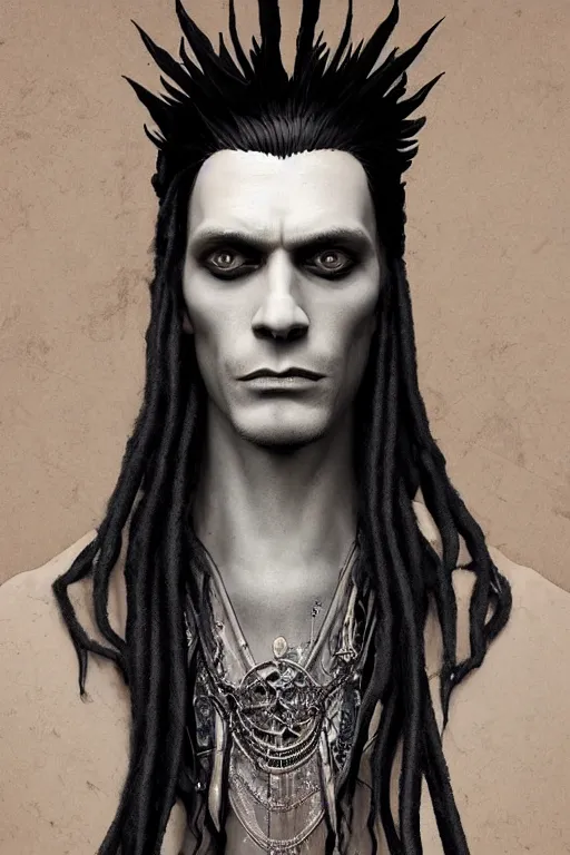 Prompt: vaporwave, an elegant sophisticated gothic king with long wild dreads, straight on, by artgerm, jamie hewlett, tom bagshaw, gerald brom, 4 k, smooth, hd, substance designer render, full body character concept art, 2 point studio lighting,