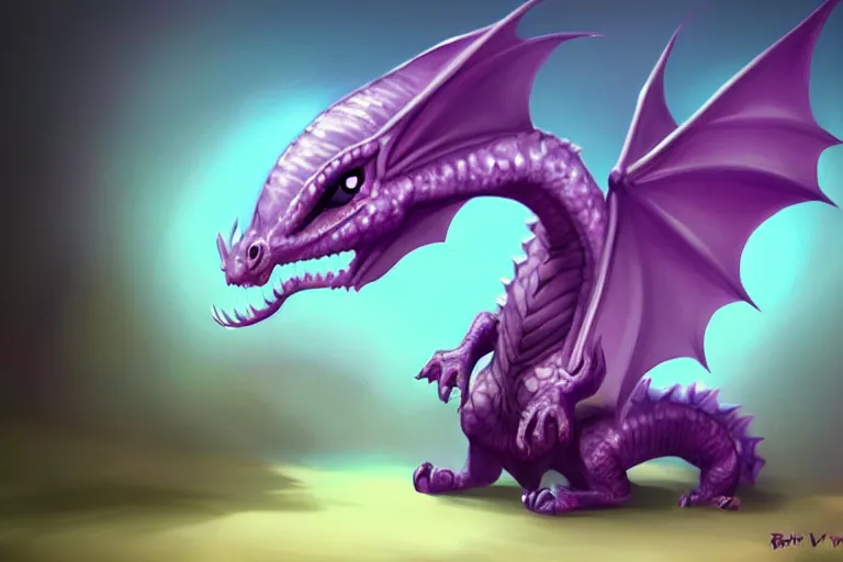 Prompt: full body digital illustration of a cute baby dragon by randy Vargas, iridescent purple, concept art, matte background, deviantArt, artstation