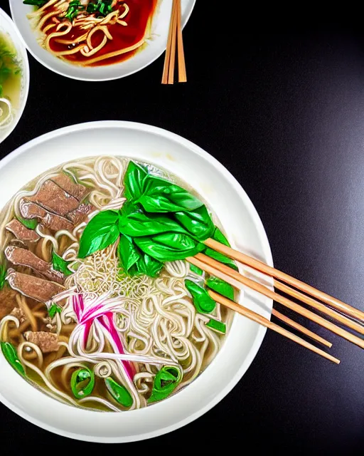 Image similar to realistic photo of delicious pho, ramen, bowl, white kitchen table, cloth, thai basil, highly detailed, by marc haydon, kailee mandel, masterpiece, award winning, food photography