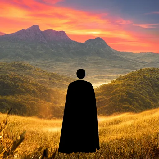 Image similar to man with a black cape on a hill mountains in background sunrise, realistic, detailed