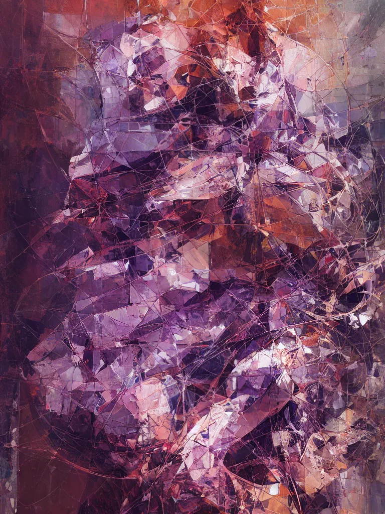 Image similar to a beautiful glitched abstract geometric painting by robert proch and robert heindel of an anatomy study of the human nervous system, color bleeding, pixel sorting, copper oxide and rust materials, brushstrokes by jeremy mann, cold top lighting, pastel purple background