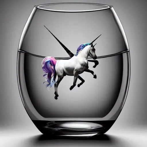 Prompt: a small unicorn swimming underwater inside a fishbowl, hyperrealism, dramatic