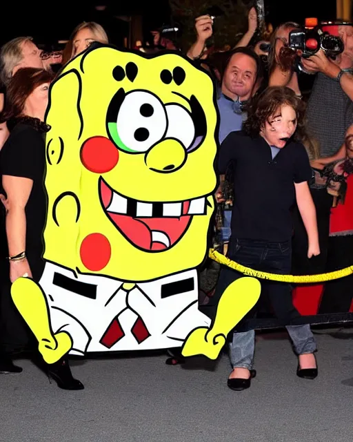 Image similar to Paparazzi photographers a terrified SpongeBob SquarePants at his movie premiere, photorealistic