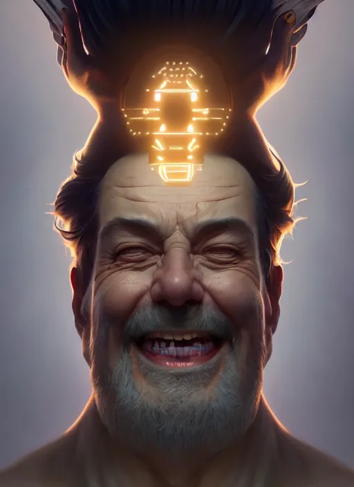 Image similar to symmetry, concept art by artgerm, distance portrait of a hyper realistic, happy, rick sanchez by greg rutkowski, alphonse mucha, octane render, highly detailed, high quality, 8 k, soft lighting, path traced, and uang guangjian and gil elvgren, symmetry!!