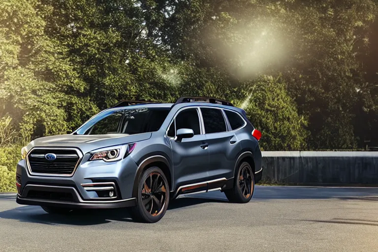 Image similar to a car and driver magazine photo shot, a souped up dark grey 2019 Subaru ascent heavily modified and customized as a performance tune street racing SUV, black rims, green trim accent, samurai vinyl wrap, cinematic lighting, art station, volumetric light, low angle camera, redshift render, octane render, art station