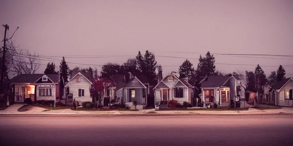 Image similar to small suburban houses in America at night by Wes Anderson, fantasy, moody lighting, dark mood, imagination, cinematic