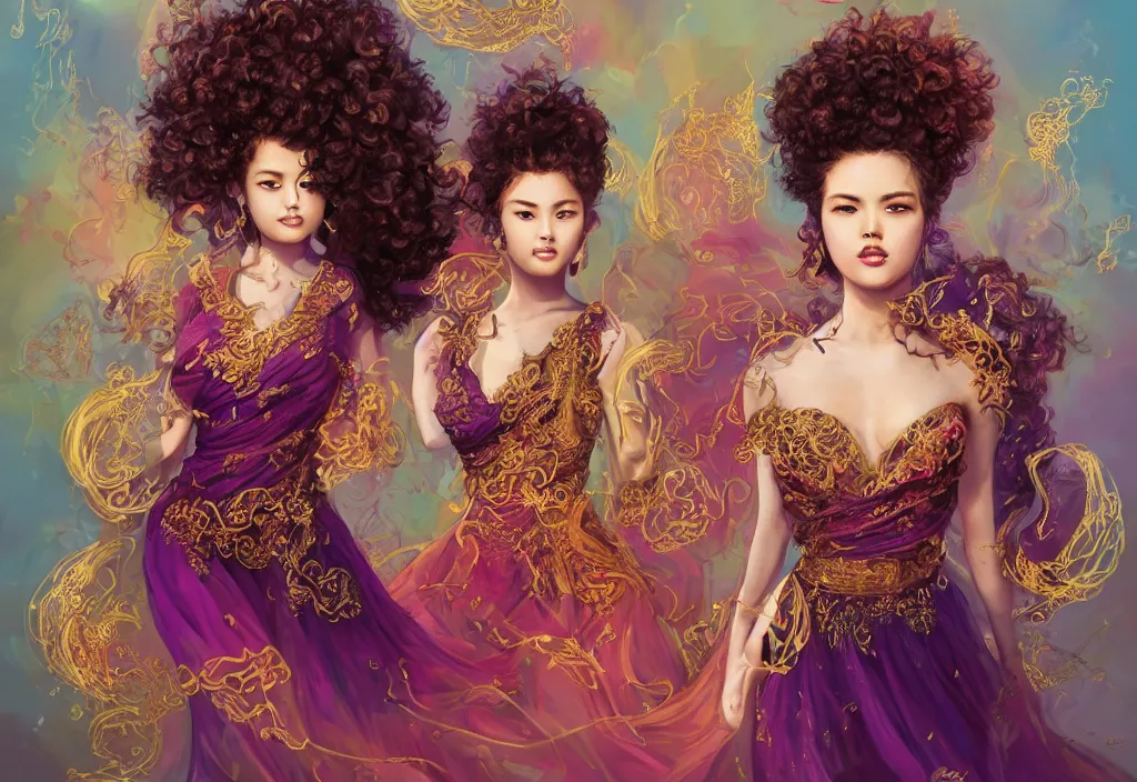 Image similar to full body portrait of a trio of 1 9 years old girl figures, curly messy high bun hairstyle, oriental tattoos, subject wearing a gold and ruby high fashion gown, colorful, flowing, ornate, beautiful, cinematic lighting, highly detailed, digital painting,, dramatic earth colors, with few vivid purple highlights, by ross tran and wlop, artstation, pixiv