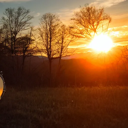 Prompt: a banjo as the sun rising behind the blue ridge mountains