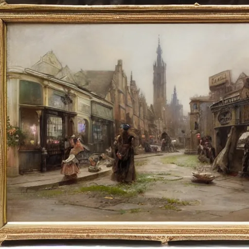 Prompt: jean-Baptiste Monge and Solomon Joseph Solomon and Richard Schmid and Jeremy Lipking victorian genre painting painting of an english 19th century english stone city streat with shops and stores